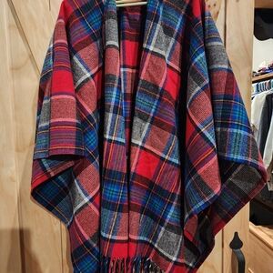 Vintage Pendleton Red Blue Plaid Wool Poncho